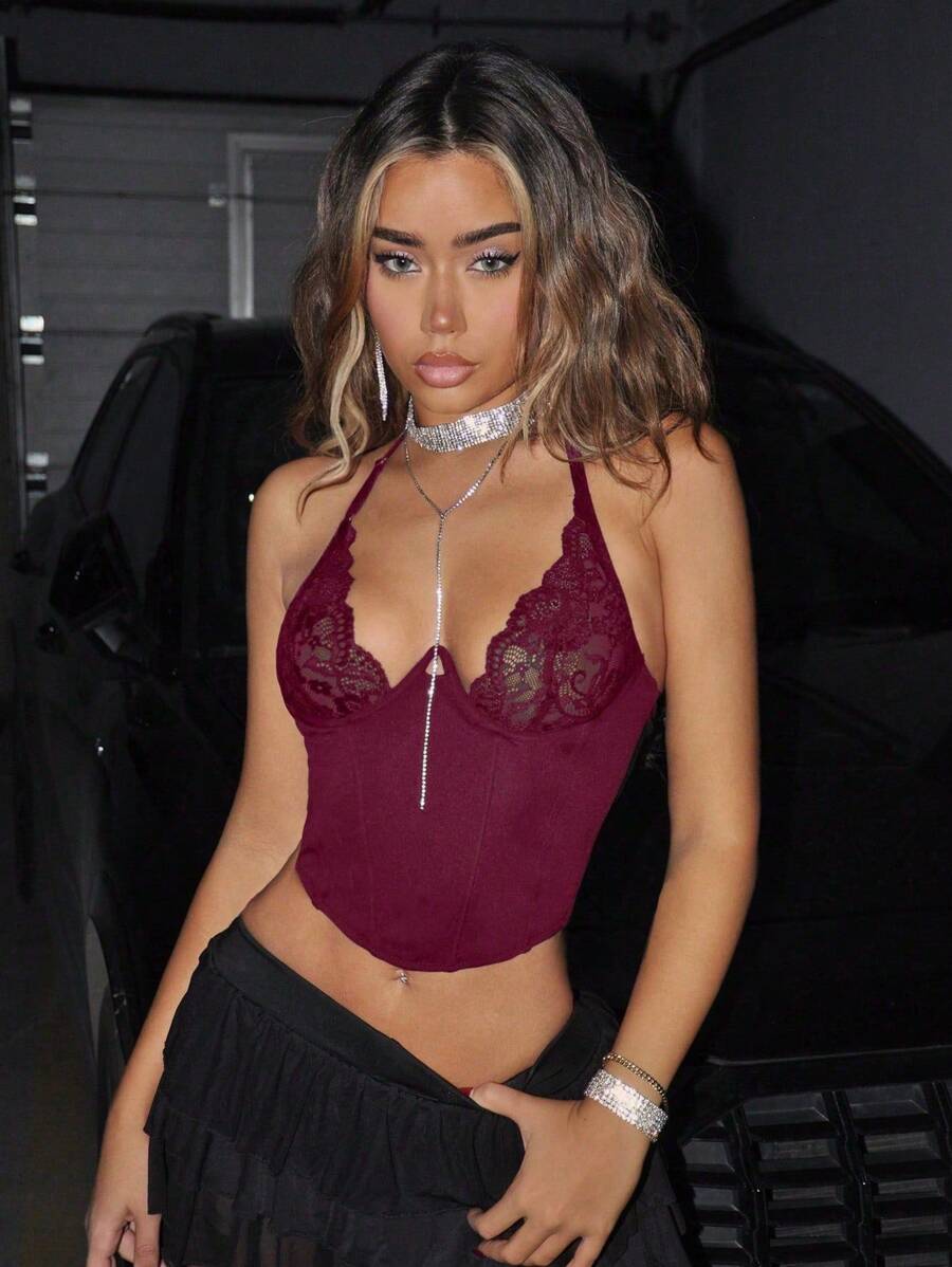SHEIN ICON Women Tank Tops & Camis Backless Kontras Lace Tie Back Plain Seksi - Burgundy - View 1