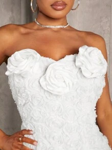 SHEIN SXY Strapless Satin Mini Dress With 3D Flowers, White, Elegant Party Dress For Women - White - View 4