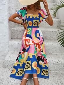 Breezaya Women Fashionable Colorful Printed Ruffle Sleeve Dress (Random Print) Maxi Vacation Beach Outfit - Multicolor - View 4