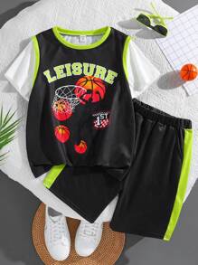 SHEIN Boys' Loose Sports Round Neck 2 In 1 Pattern Short-Sleeved T-Shirt Shorts Two-Piece Set