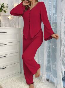 Women Casual V-Neck Contrast Color Rolled Edge Top And Pajama Set - Red - View 4