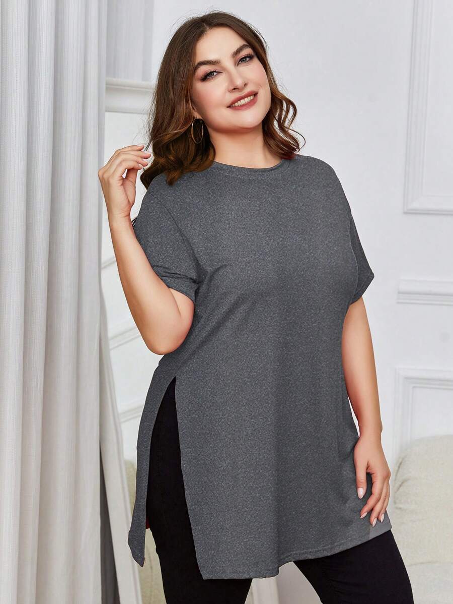 INAWLY 夏季大尺碼純色側開叉短袖T恤 - 灰色 - 查看 1