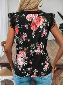 SHEIN Clasi 夏季花卉印花蕾絲拼接T卹 - 黑色 - 查看 2