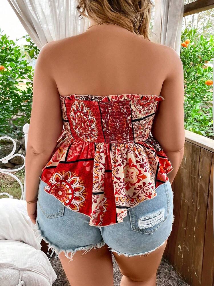 Plus Size Women's Floral Printed Ruffle Hem Bandeau Top With Smocked Bodice