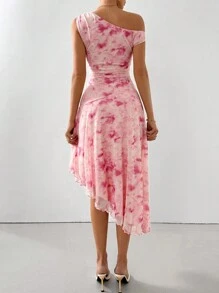 Firerie Women Elegant Full Print Asymmetric Collar Pleated Hem Asymmetric Dress ,Mesh Printed Knitted Dress For Daily Commute, Engagement Party And Holiday Travel, Party,Graduation,Music Festival,Mother's Day,Easter,Graduation Season,On Vacation, Dress For Summer,Pastel Dresses For Women - Pink - View 2
