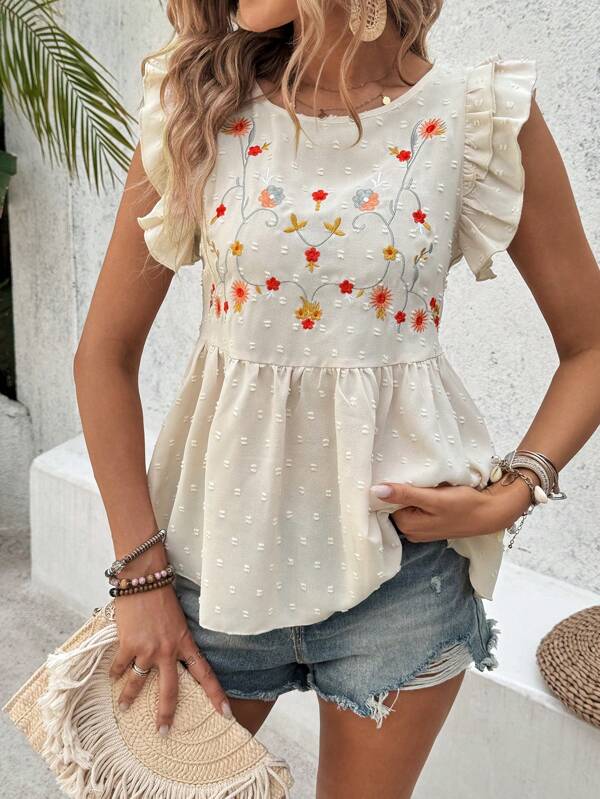 Breezaya Blusa con cintura de peplum, bordado floral y dobladillo con volantes para el verano