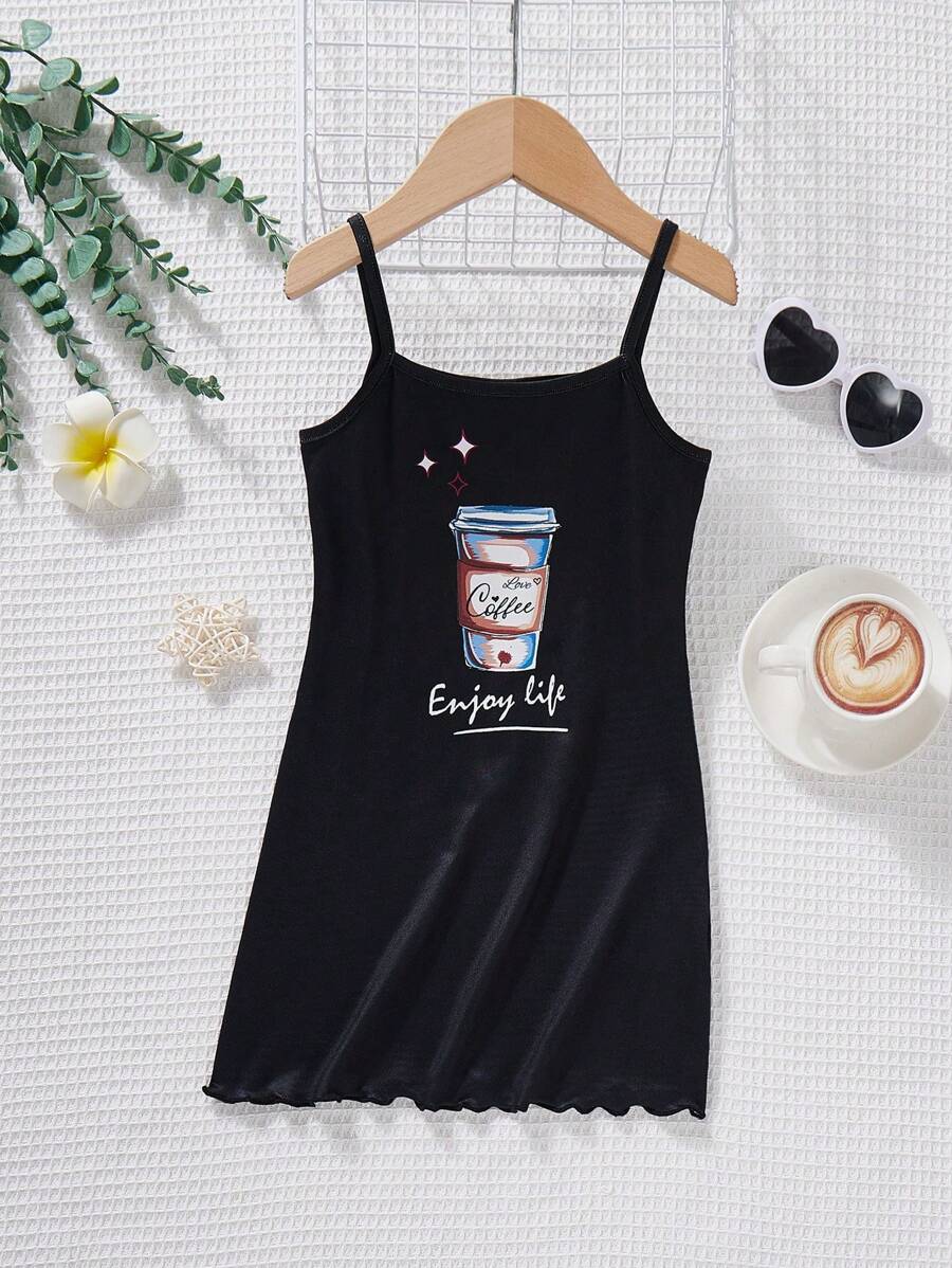 SHEIN Young Girl Daily Casual Knitted Cami Nightgown For Home - Black - View 1