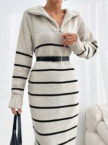 EURMUSE Women's Maxi Length Zipper Stripe Knitwear Dress - Black and White - View 6