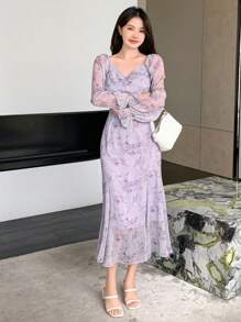 DAZY Vestido con estampado total, mangas farol, cremallera y volantes con estampado floral para mujer - Morado - Ver 4