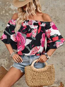 Breezaya Summer Floral Print Off Shoulder Vacation Loose Shirt - Hot Pink - View 5