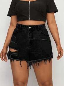 SHEIN Essnce Plus Size Women Frayed Hem Distressed Denim Shorts With Pockets - Black - View 6