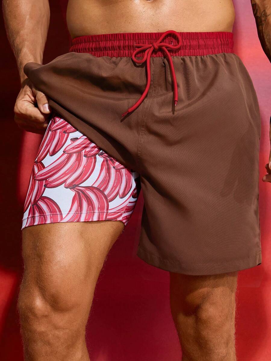 Surfspeed Men Casual Beach Shorts With Banana Printing And Color Block Patchwork Drawstring Waistband, 2 In 1 Design - Khaki - View 1