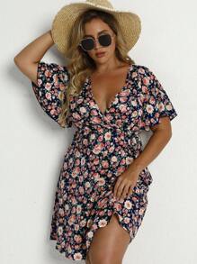 SHEIN LUNE Váy quấn chéo cổ chữ V sâu có kích thước lớn - Màu xanh hải quân - Xem 1