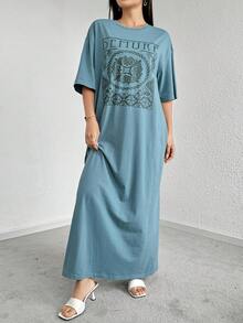 Mulvari 女性鬆身幾何字母印花休閒長裙 - 綠色 - 查看 4