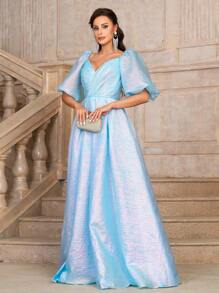 SHEIN Belle 女性華麗優雅的輕質塗層織物籠狀袖長裙，腰部高設計，甜心領，後部可調式帶子，晚禮服晚宴裙子，設有開叉