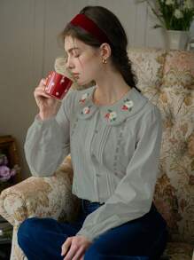 Simple Retro 女士时尚刺绣彼得潘领扣式镂空休闲衬衫 - 薄荷綠 - 查看 6