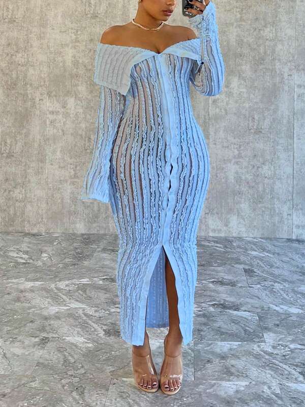 Solid Color Off-Shoulder Unique Jacquard Knitted Dress