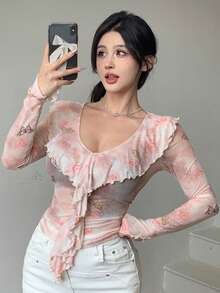 DAZY 花卉網紗透視褶邊修身長袖女上衣 - 粉色 - 查看 6
