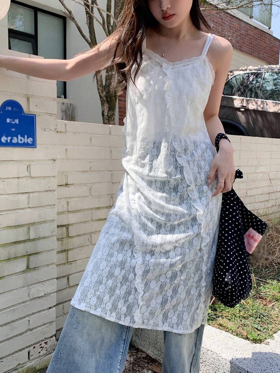 DAZY Bohemian Style Solid Color Lace Patchwork Long Summer Women Tank Top - White - View 1