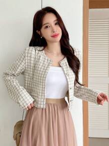 Dazy Designer 女士格子圆领短款长袖高端夹克，秋季女装