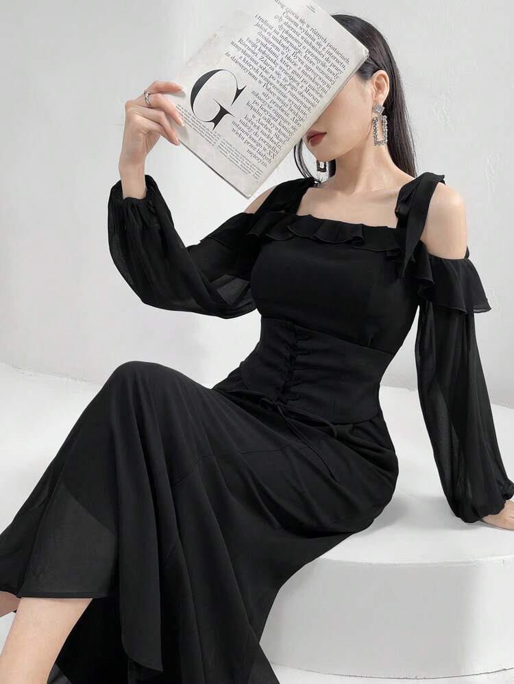 Women Solid Color Cold Shoulder Ruffle Hem Lantern Sleeve Fish-Tail Dress For Spring/Summer
