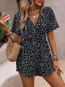 SHEIN LUNE Women's Summer Heart Print Overlap V-Neck Ruffle Short Sleeve Loose Romper