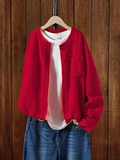 SHEIN Unity 女士纯色休闲基本款开衫毛衣新年衣服，长袖上衣