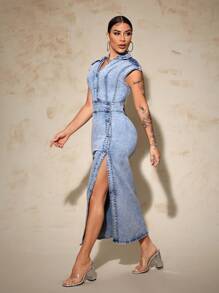 SHEIN SXY Women Buttoned Half Placket Collared Side Slit Hem Long Denim Dress - Light Wash - View 3