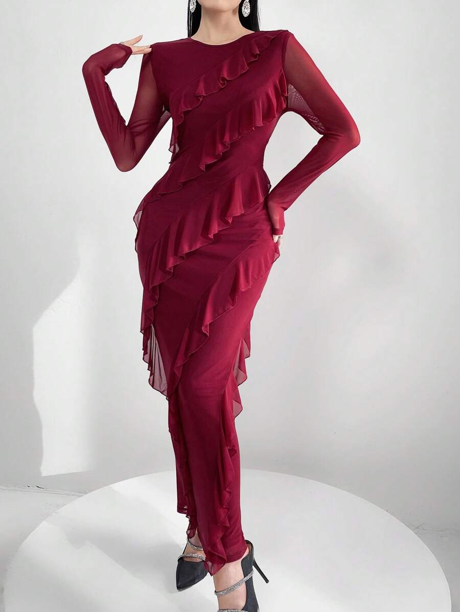 Modelyn 勃艮第红女士时尚纯色荷叶边下摆长袖连衣裙 - 酒紅色 - 查看 1