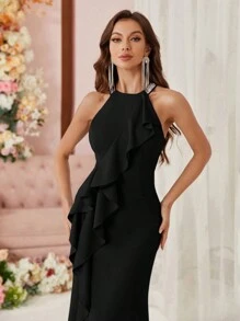 SHEIN Belle Women Exaggerated Ruffle Trim, Mermaid Hem, Front Slit Maxi Halter Evening Dress Formal Ball Gown For Women Black Elegant Prom Wedding Guest Dress, For Graduation, Dinner Party Dress - Black - View 2
