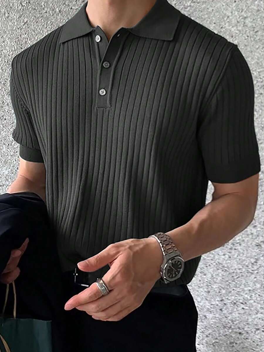 Men's Fashionable Casual Textured Solid Color Short Sleeve Knit Top - Dark Grey - View 1