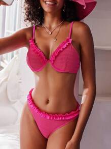 SHEIN Swim Women Solid Color Spliced Bikini Set With Ruffled Trim For Beach Vacation Summer - Hot Pink - View 4