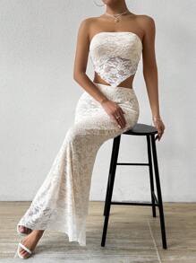 Chiquease Two-Piece Set For Women Summer: Asymmetrical Lace Strapless Top And Fish Tail Skirt
