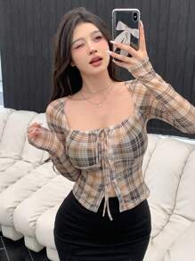 DAZY Women Spring/Summer Square Neck Grid Front Tie Long Sleeve Casual T-Shirt