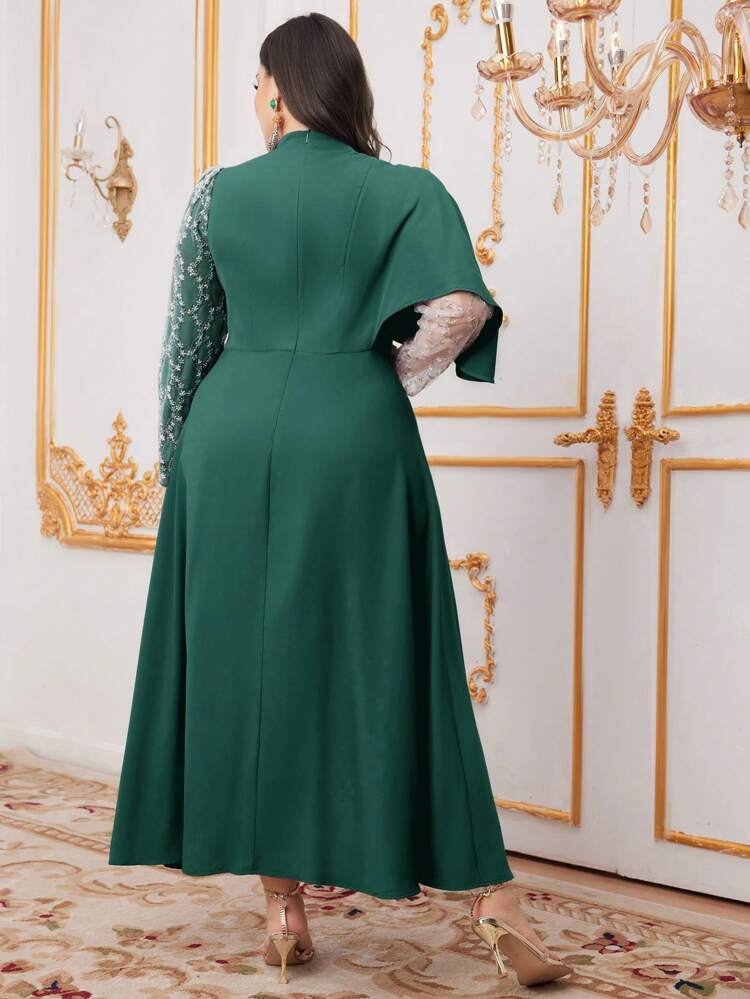 Plus Size Embroidered Mesh Contrast Sequin Stand-Up Collar Dress Long Evening Dresses