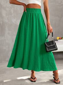 SHEIN Essnce Summer Green Large A-Line Elastic Waistband Texture Fabric Casual Vacation Long Skirt - Green - View 1