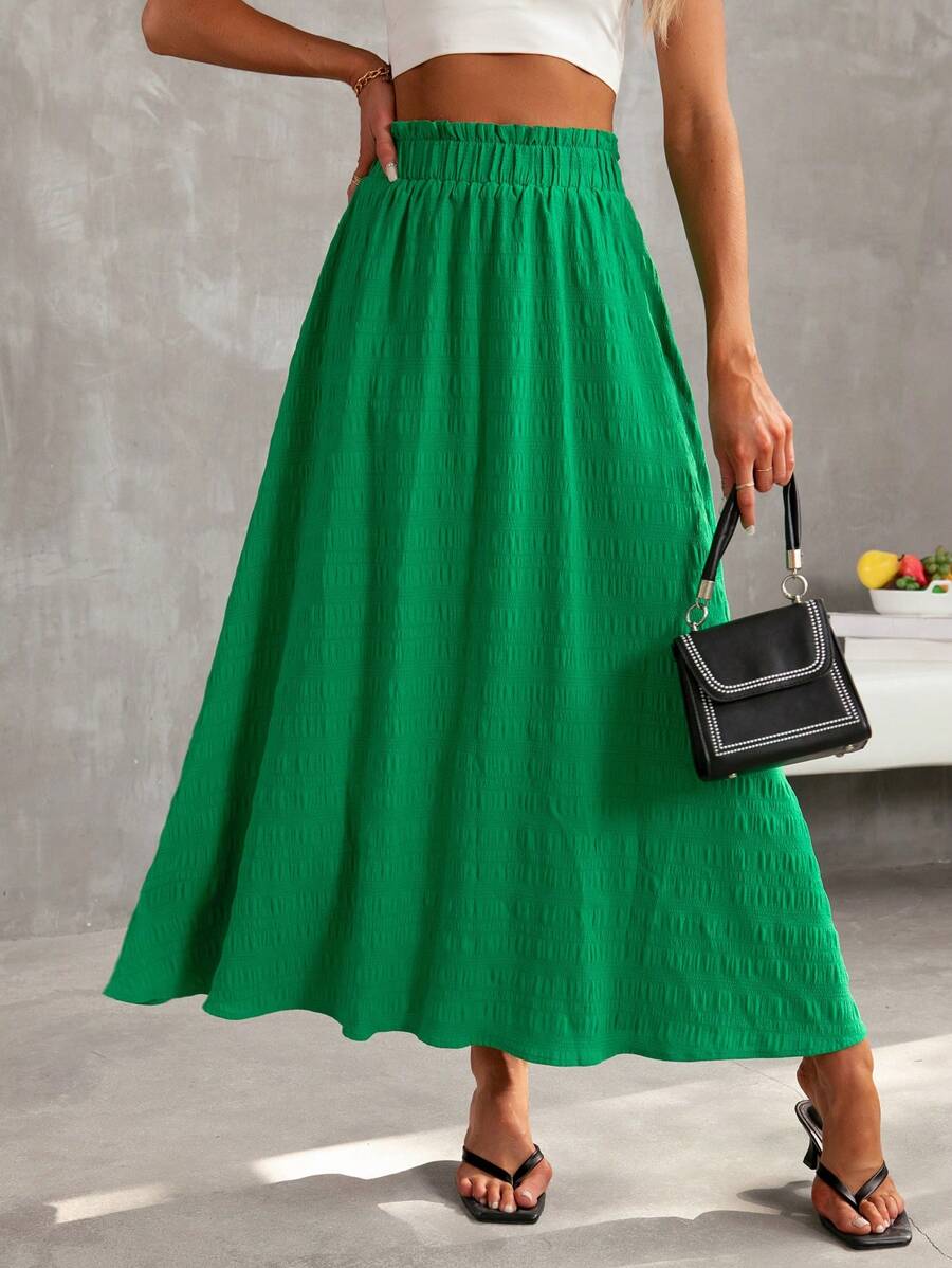 SHEIN Essnce Summer Green Large A-Line Elastic Waistband Texture Fabric Casual Vacation Long Skirt - Green - View 1
