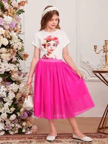 SHEIN Tween Girl Spring/Summer Knitted Round-Neck Short Sleeve Tee With Portrait Print And Mesh Skirt Set - Multicolor - View 6