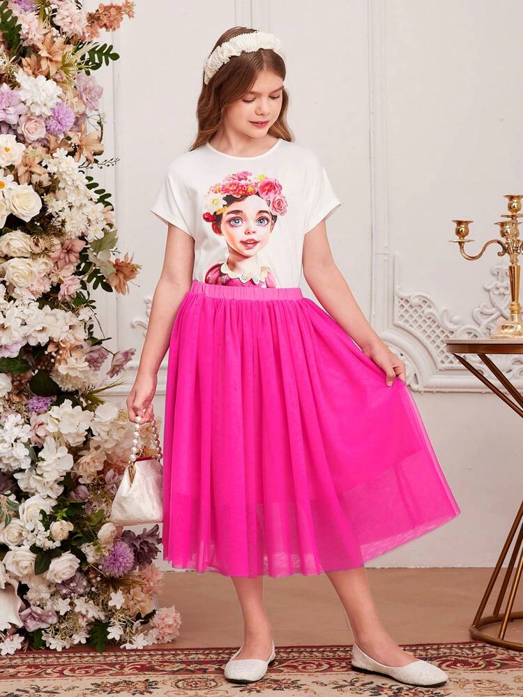 Tween Girl Spring/Summer Knitted Round-Neck Short Sleeve Tee With Portrait Print And Mesh Skirt Set