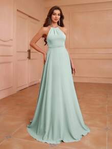 Aureia Adult Bridesmaid Dress With Halter Neck, Low Back, Cinched Waist, Flowy A-Line Dress With Asymmetrical Ruffle Hem On The Back Elegant Dress - Green - View 2