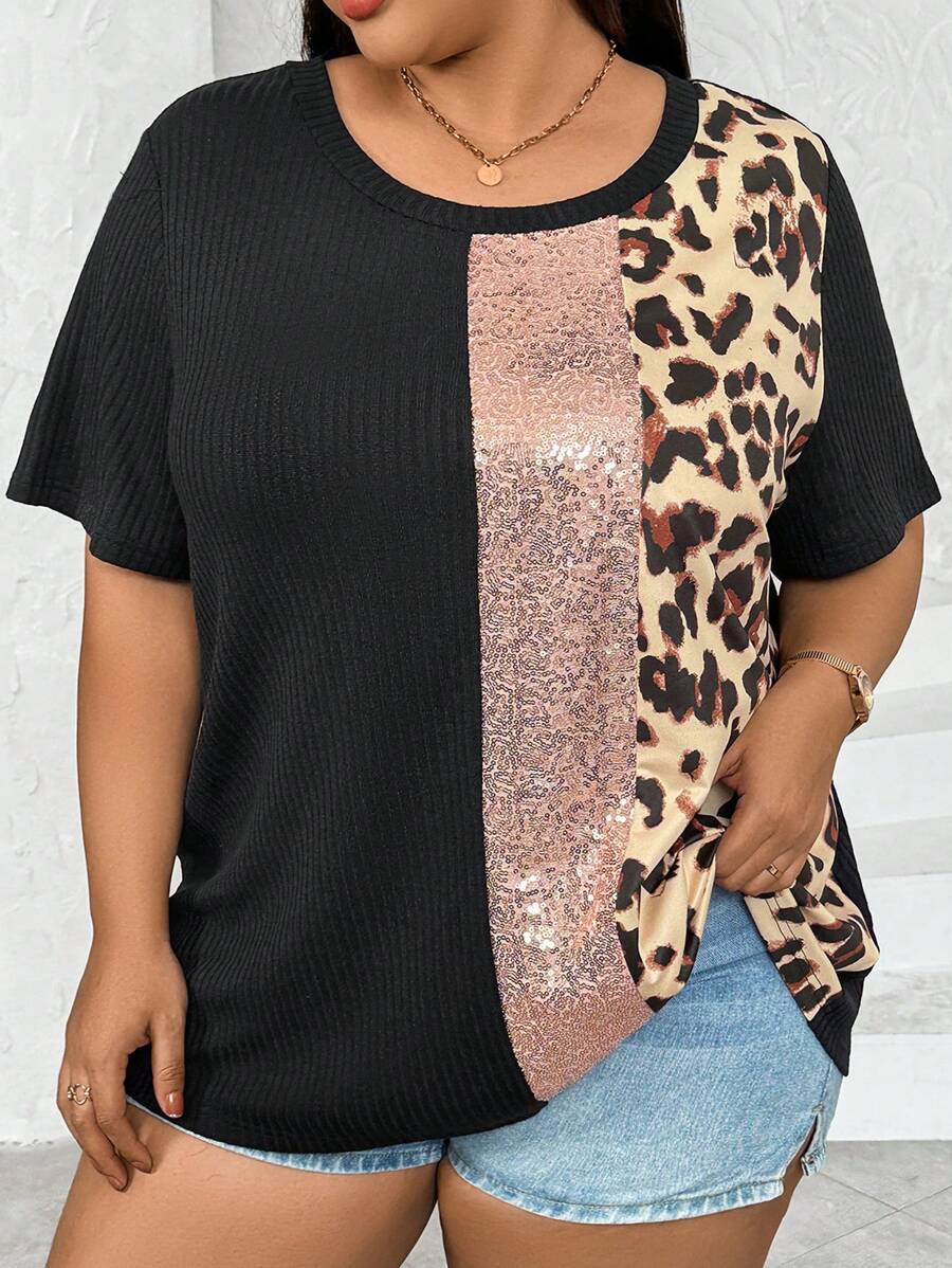 SHEIN CURVE+ Kích thước lớn Của phụ nữ Lỏng lẻo phù hợp Áo thun Với Hoa văn Báo Và Bảng điều khiển Sequin - Nhiều màu - Xem 1