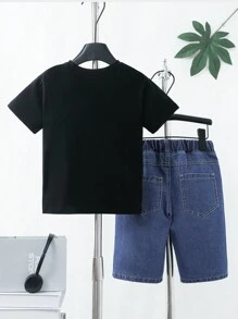 青少年男孩夏天耳機印花圓領短袖T恤和短褲休閒兩件套
