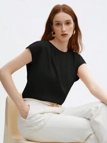 BizChic 女士纯色圆领荷叶边装饰泡泡袖宽松盖袖上衣，基本款都市通勤风格，简约时尚优雅商务休闲装，适合女士、教师、办公室穿着，秋季 - 黑色 - 查看 6