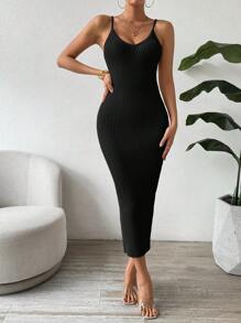 SHEIN Clasi Solid Color Slim Fit Casual Knit Sweater Dress With Spaghetti Straps - Black - View 3