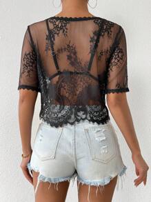 Chiquease Short Eyelash Lace Perspective Top With Defined Positioning - Black - View 2