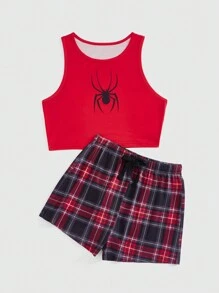 ROMWE Grunge Punk Dark Punk Rock Spider Print Vest And Plaid Shorts Casual Pajama Set, School