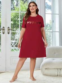 大尺碼女性時尚心形印花短袖洋裝 - 紅色 - 查看 5
