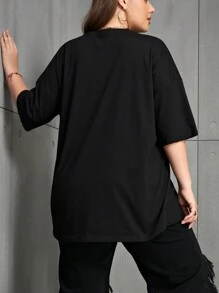 Parysyn Plus Size Summer Casual Butterfly Print Round Neck Loose Short Sleeve T-Shirt Graphic Tees Women Tops - Black - View 2