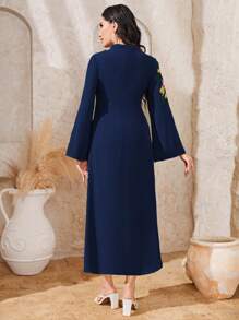 Al Najma Floral Embroidered Bell Sleeve Long Dress For Spring/Summer - Navy Blue - View 2