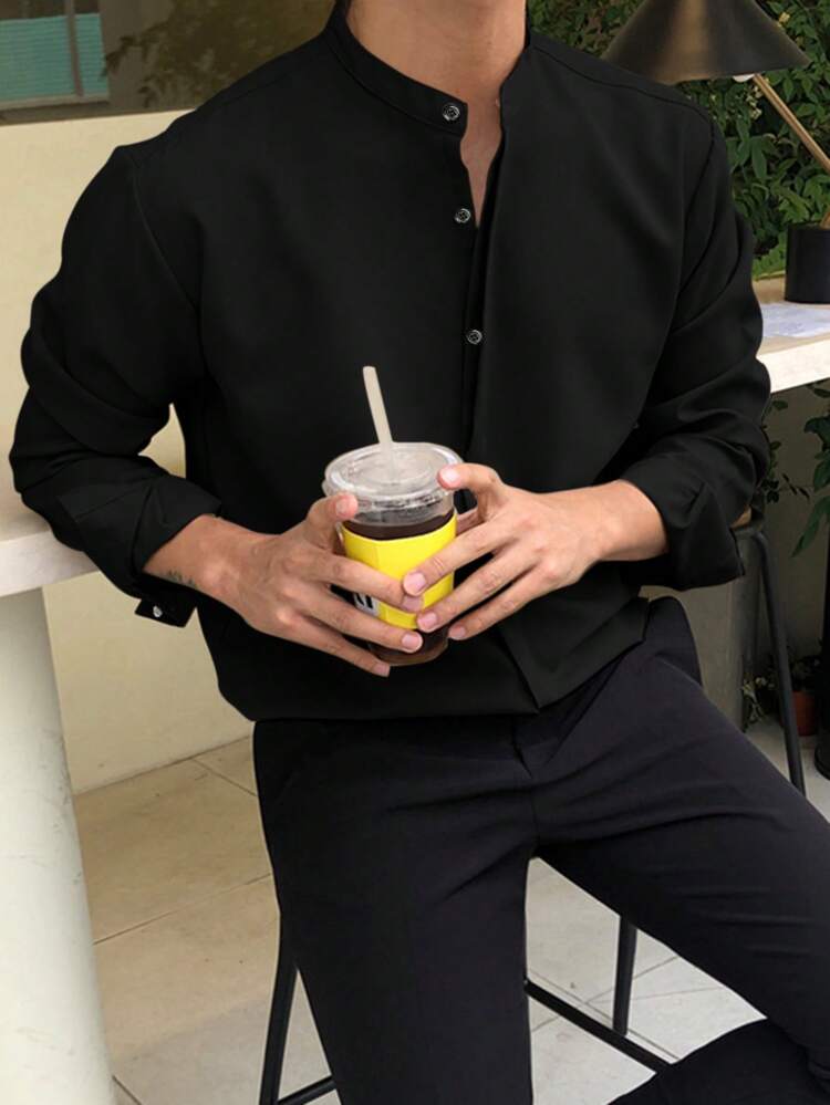 Men's Solid Color Long Sleeve Button-Up Shirt, Fall Business Attire